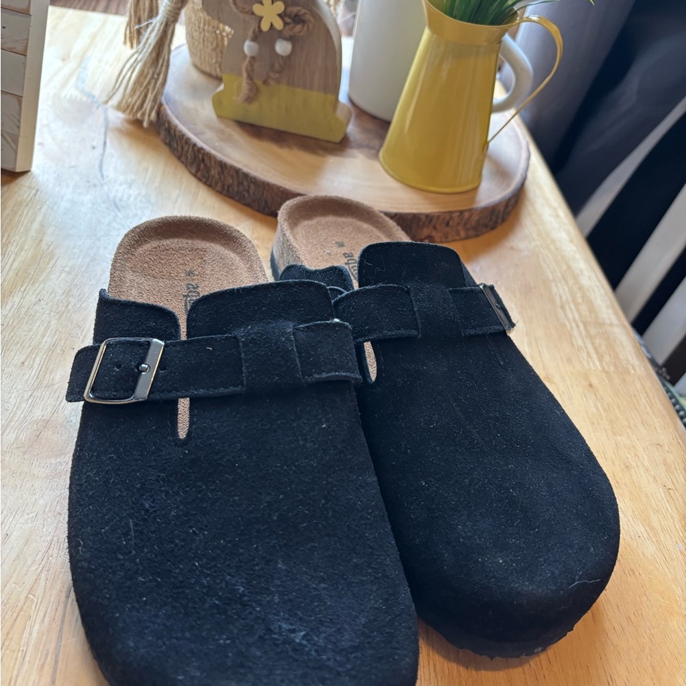 Black Suede Clogs with Buckle size 9 aquatherm